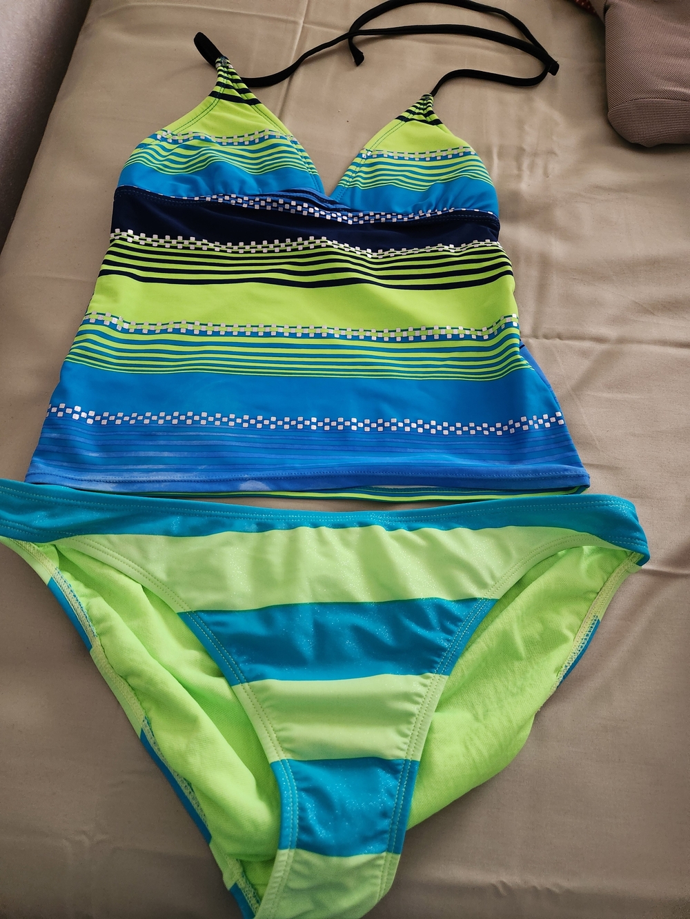 Girls/Teen/Womens Neon Green and Blue Striped Tankini One-Piece Swim Set